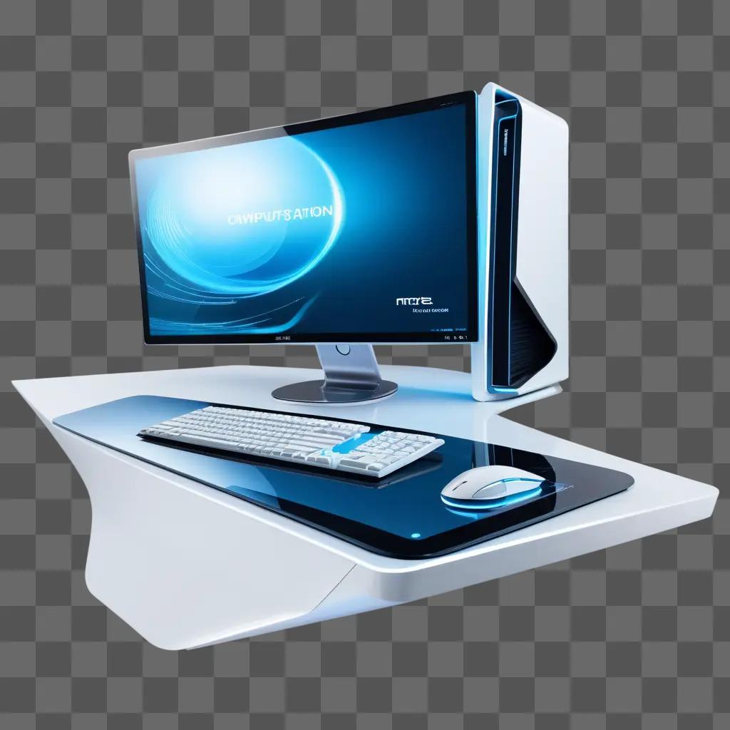 Computer monitor with blue screen and white keyboard