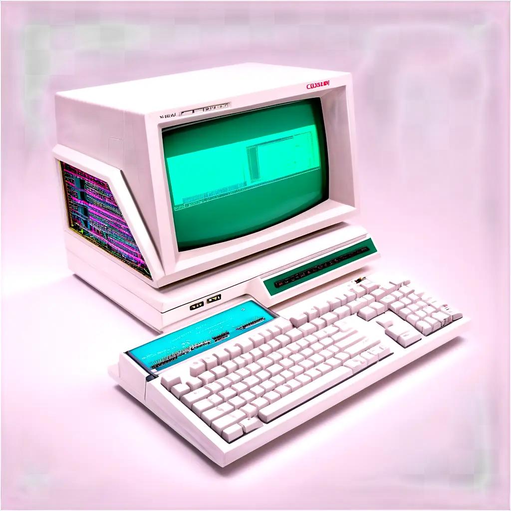 Computer monitor with green screen and white keyboard