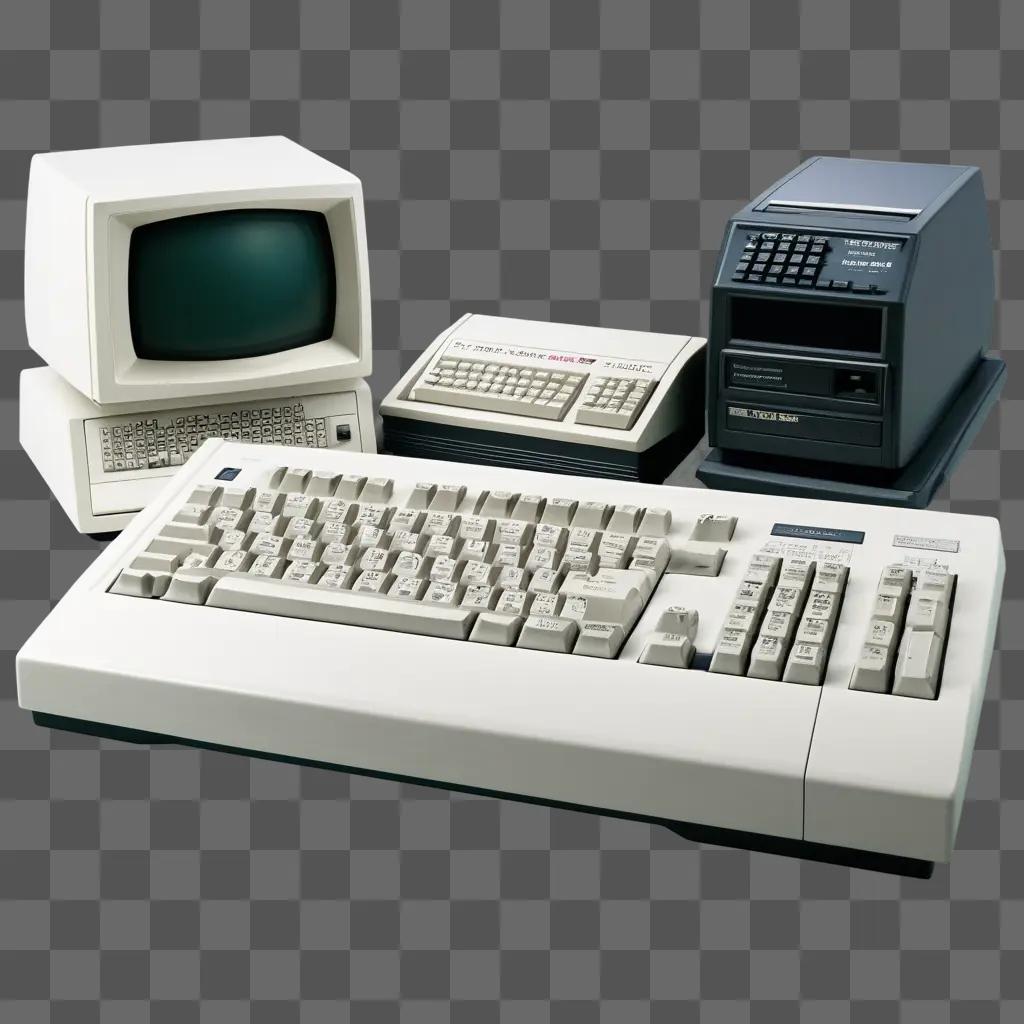 Computer monitors, keyboard, and printer on a gray surface