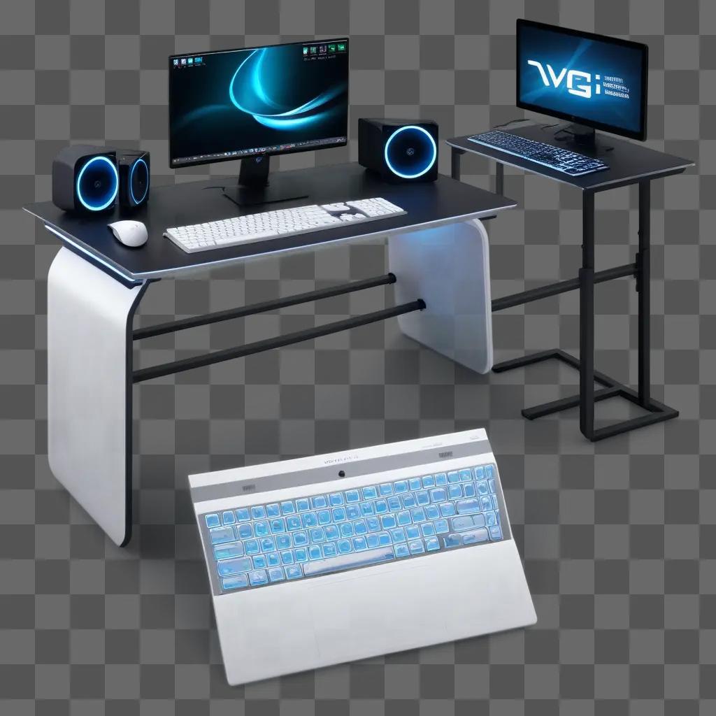 Computer setup with blue lighting and keyboard