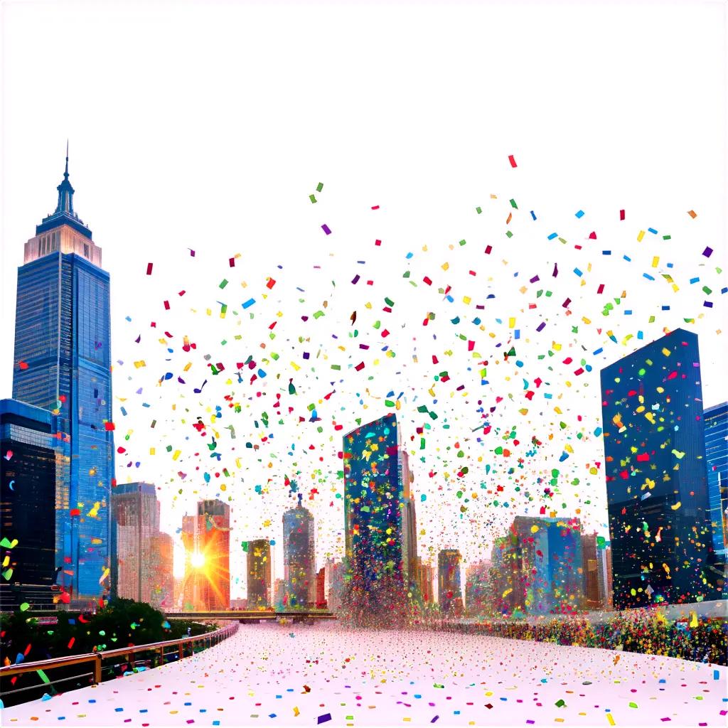 Confetti shower over city skyline during sunset