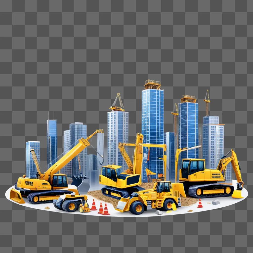 Construction equipment in a cityscape with blue buildings