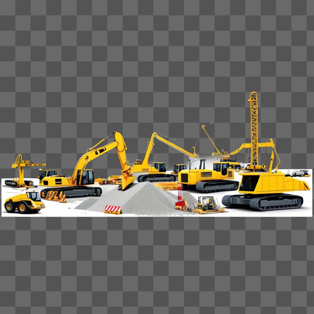 Construction equipment in a yellow pile on a gray ground