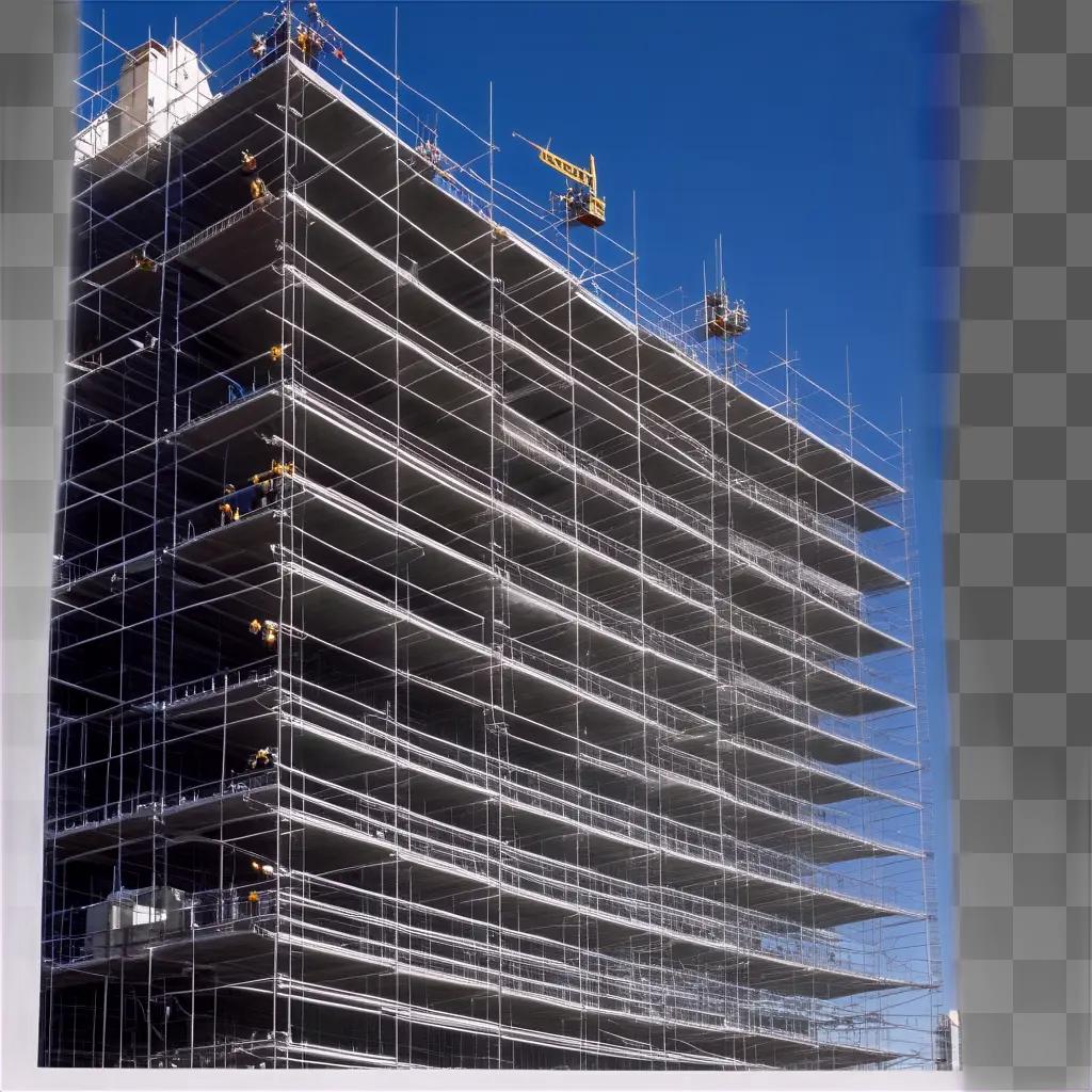 Construction scaffolding for a tall building under blue sky