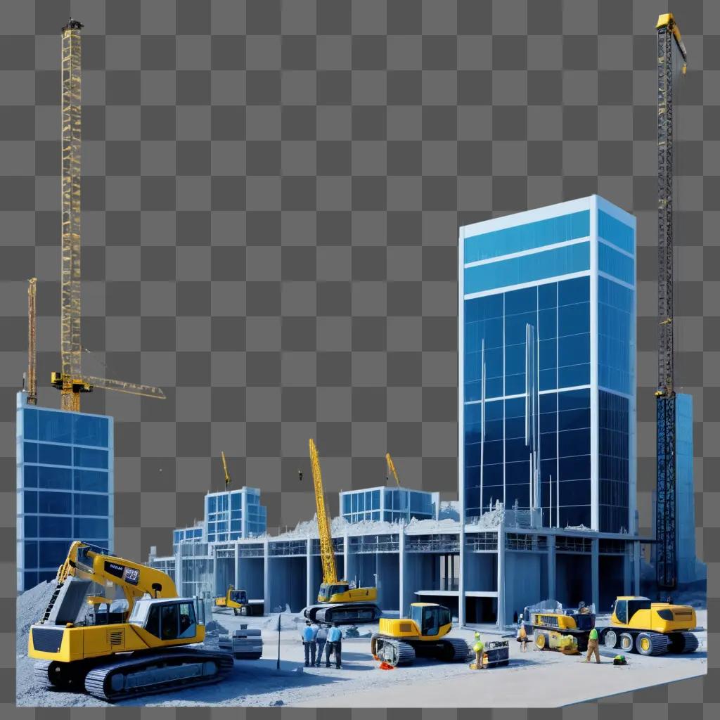 Construction site with several cranes and workers