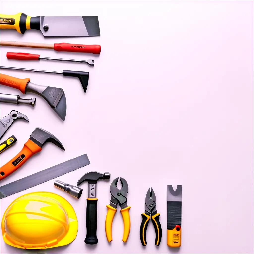 Construction tools and a hard hat on a pink background