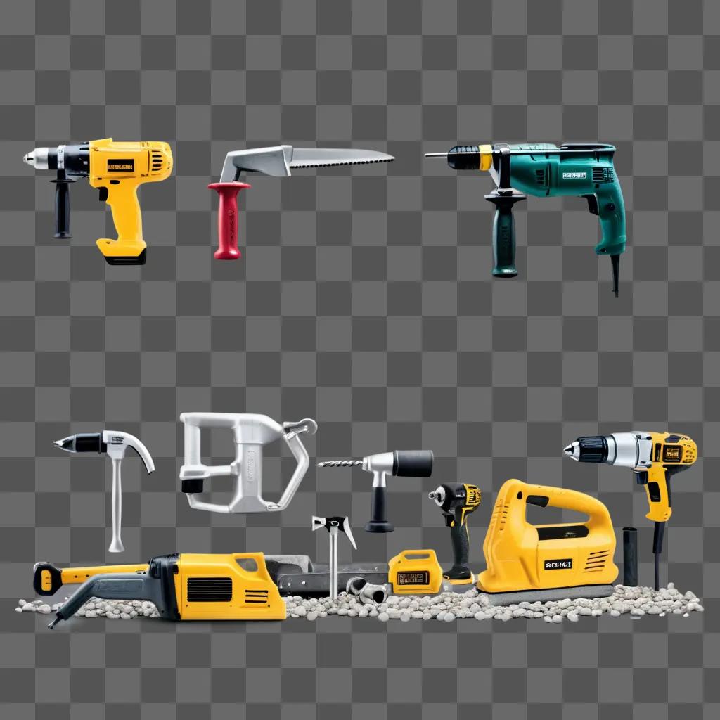 Construction tools are displayed on a gray background