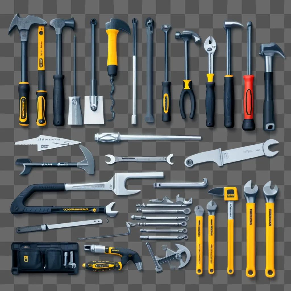 Construction tools displayed on gray surface in a variety of colors