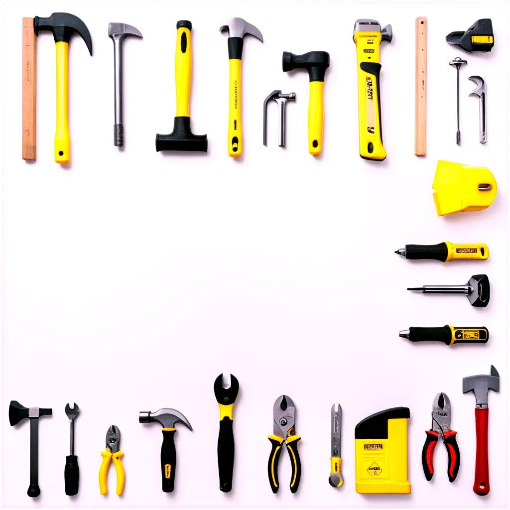 Construction tools in a row against a white background