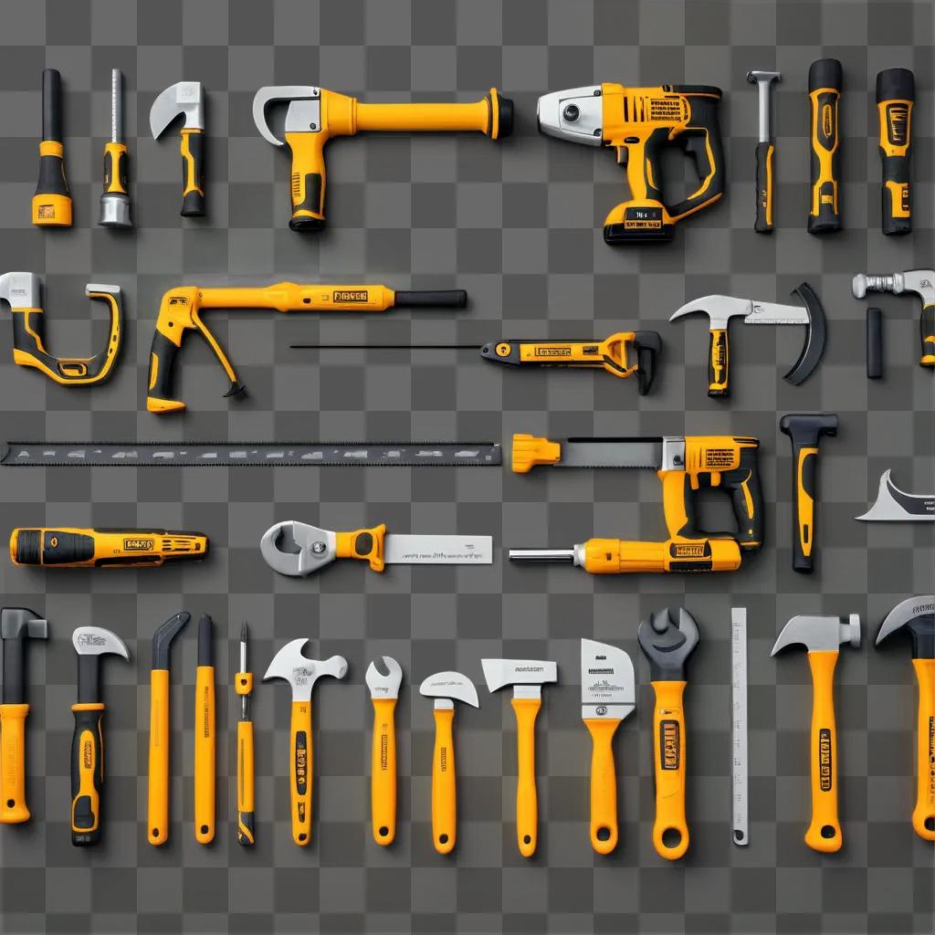 Construction tools in various sizes and colors arranged on a black background