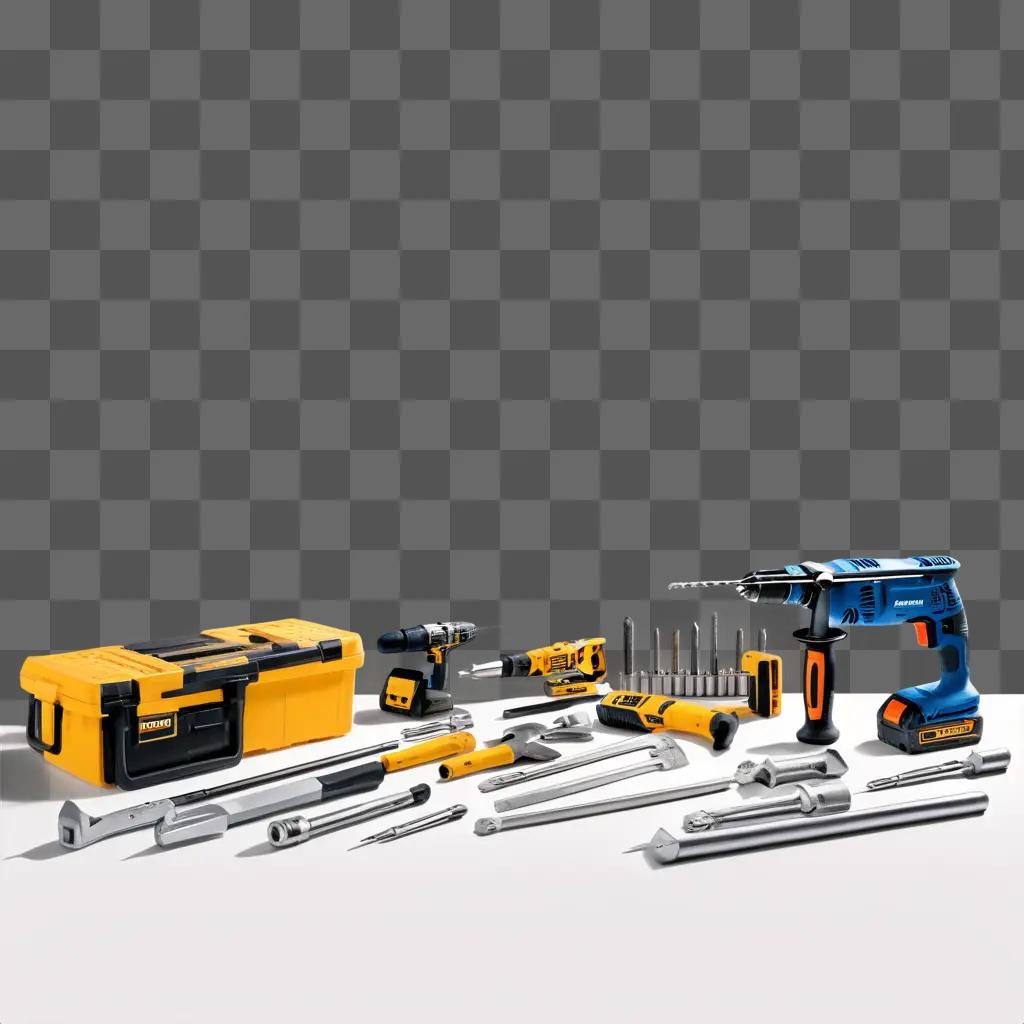 Construction tools laid out on a gray surface