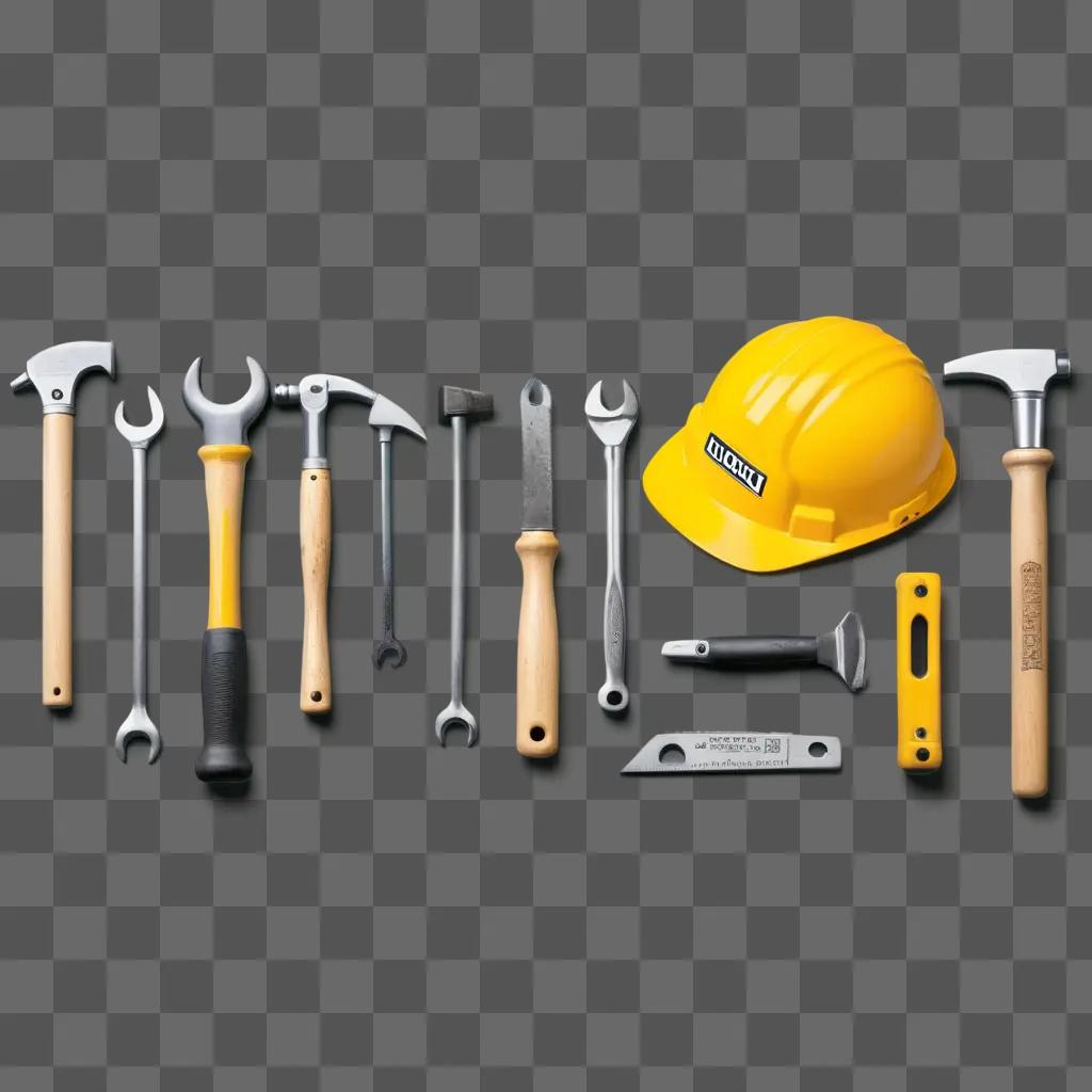 Construction tools laid out on a green background