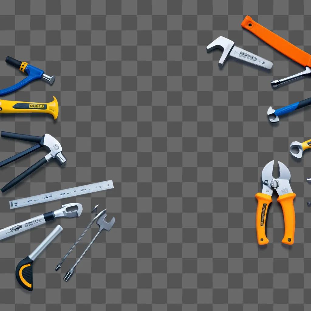 Construction tools laid out on a grey surface