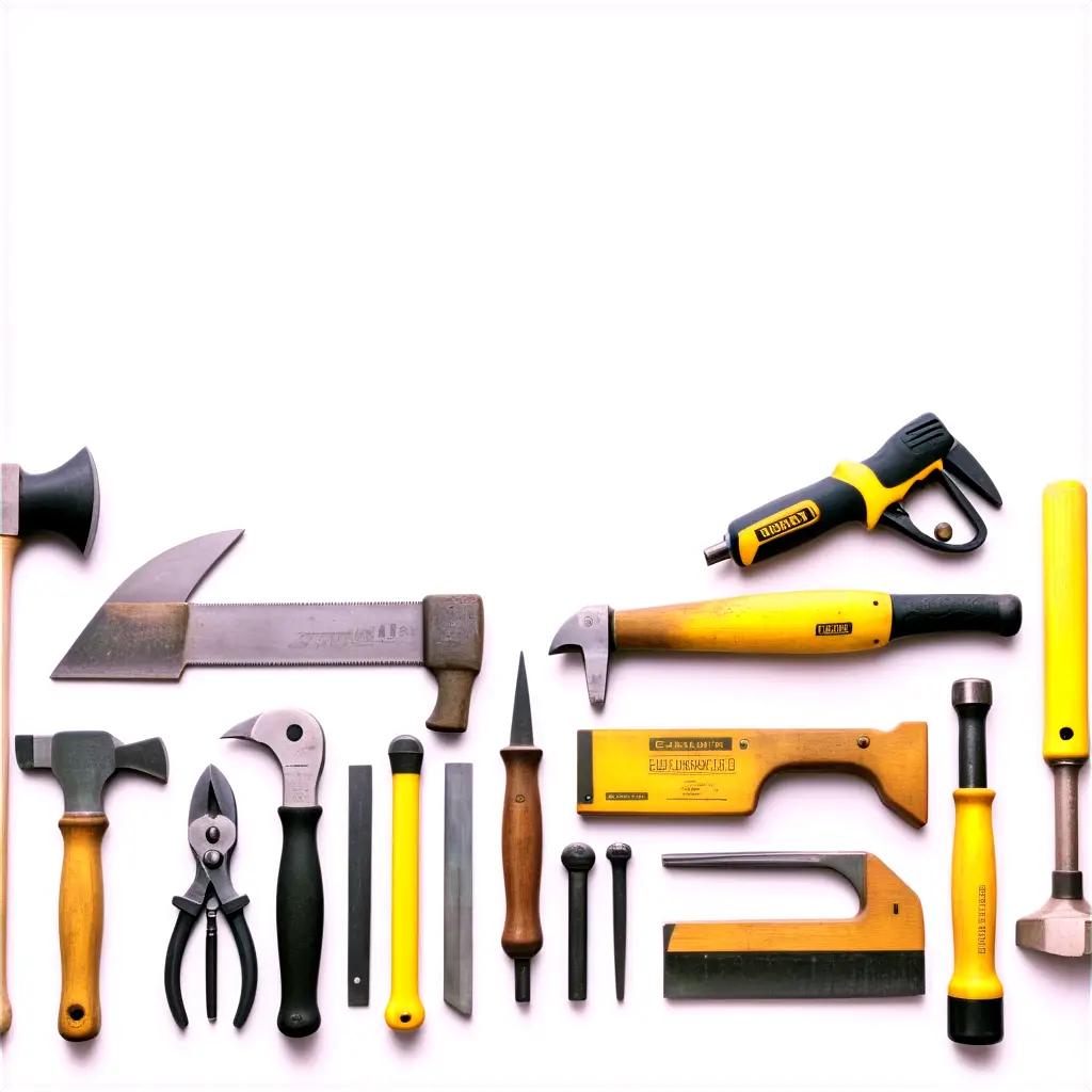 Construction tools laid out on white surface