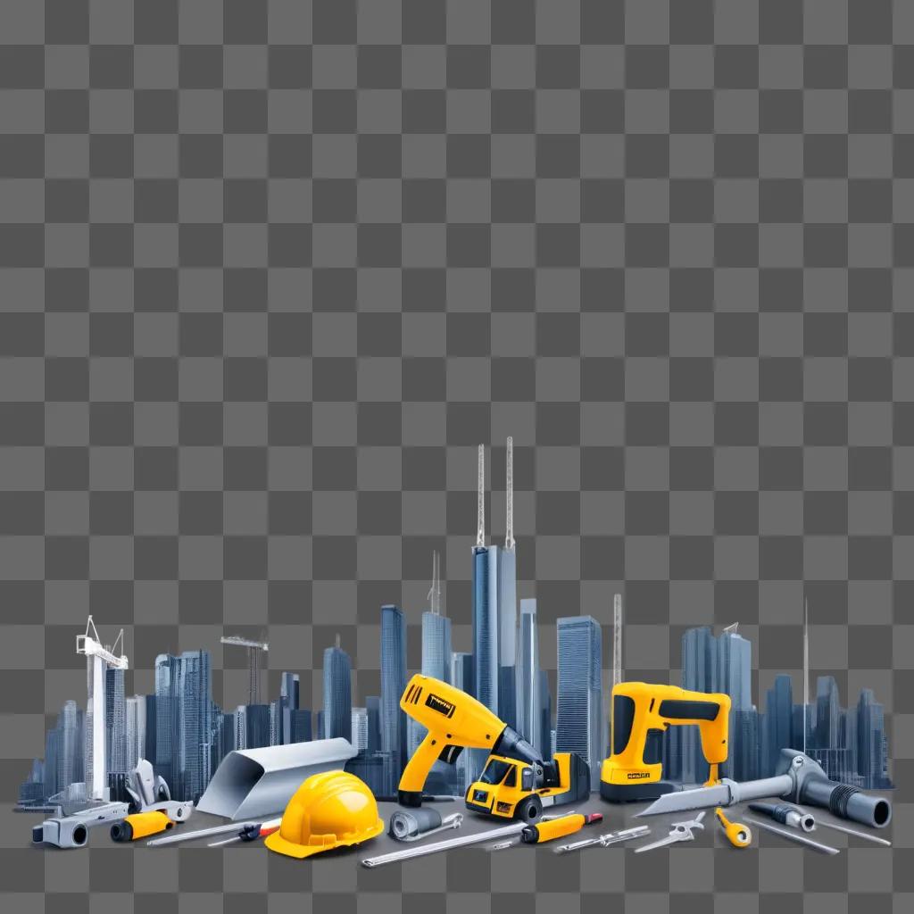 Construction tools on a grey background in front of a city skyline