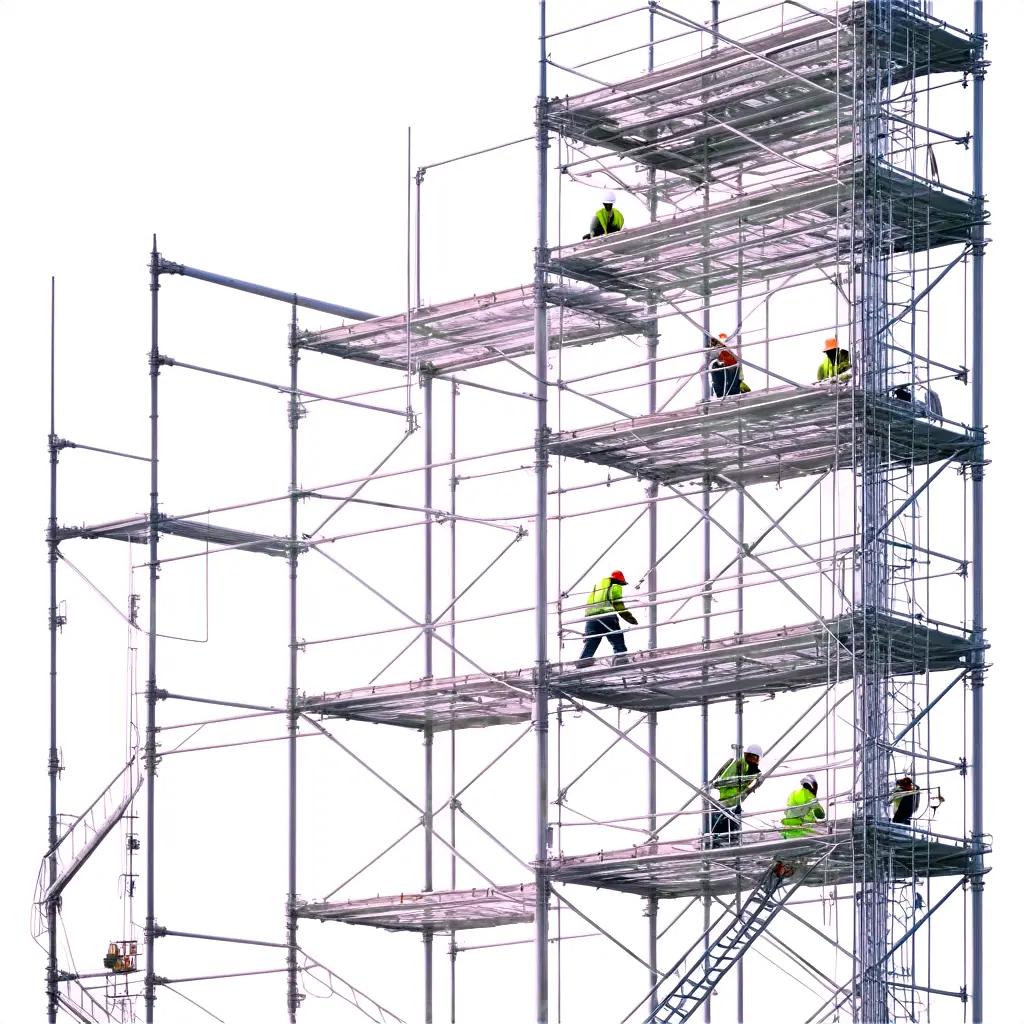 Construction workers on scaffolding at a building site