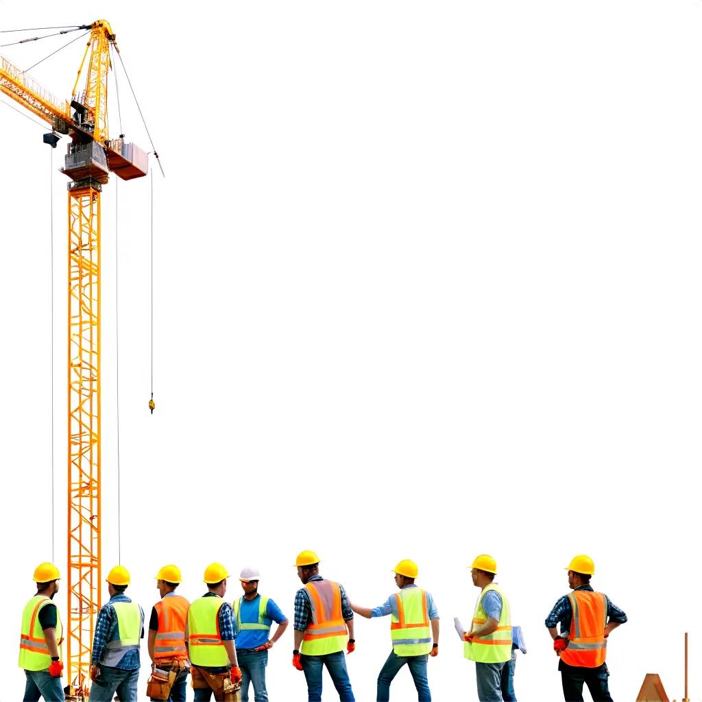 Construction workers stand near a yellow crane