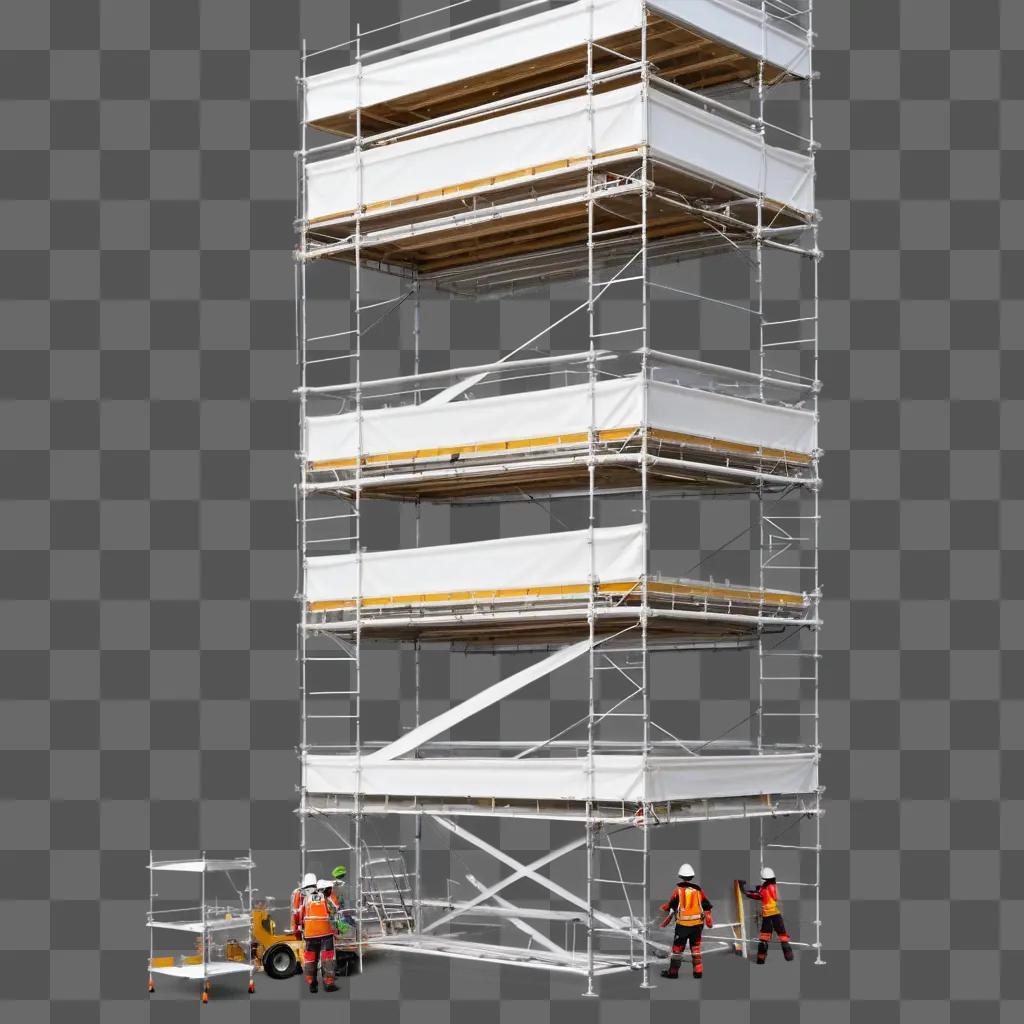 Construction workers work on a scaffold tower