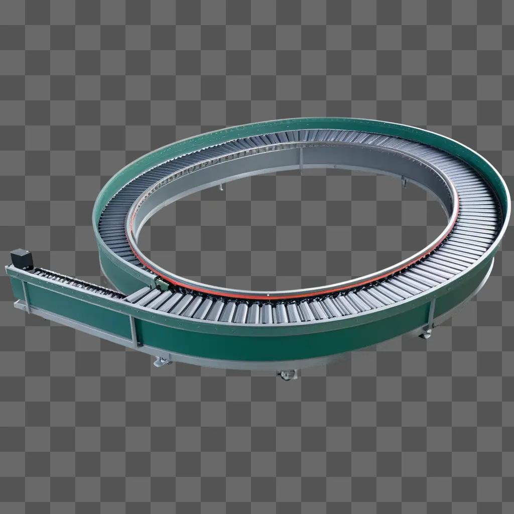 Conveyor belt spins around a curve on a dark surface