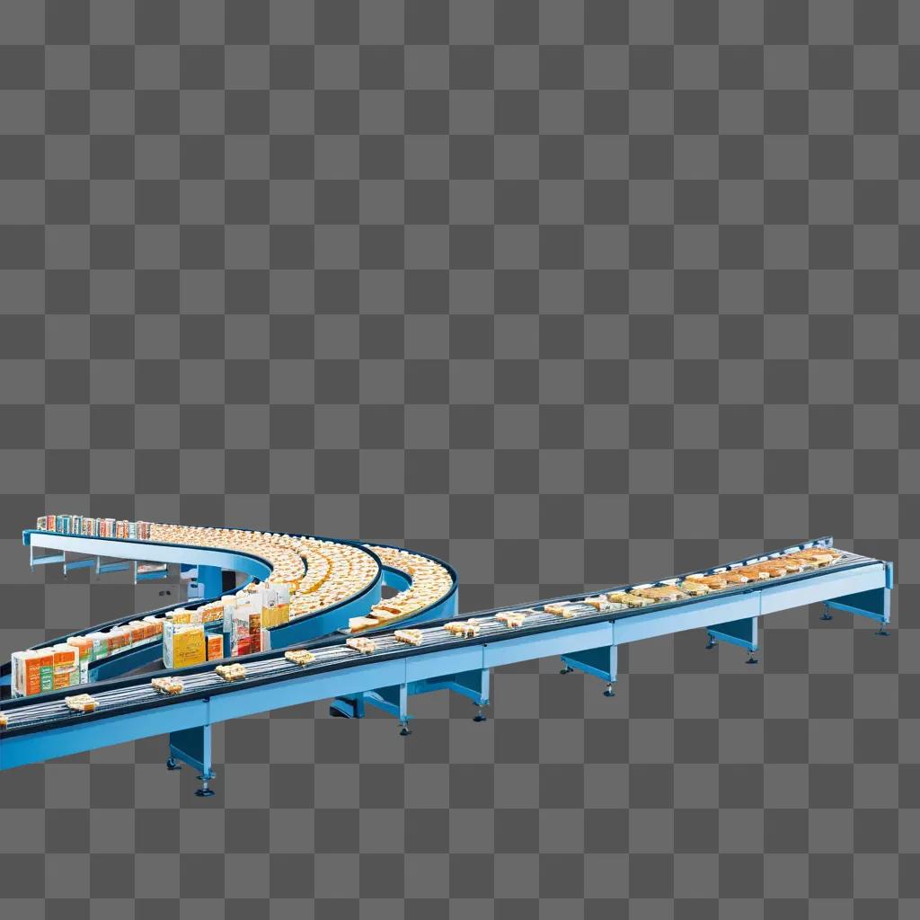 Conveyor belt with food products on a curve