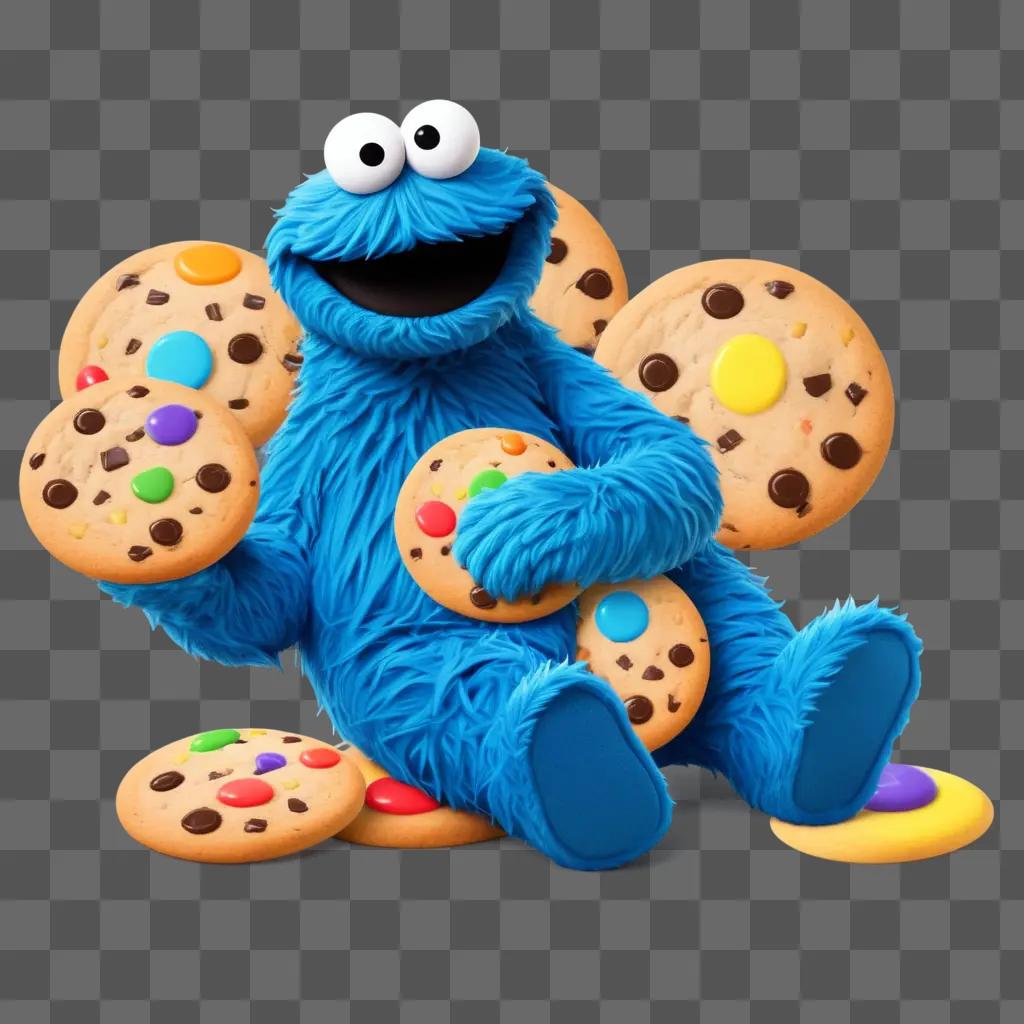 Cookie Monster holding cookies and enjoying himself