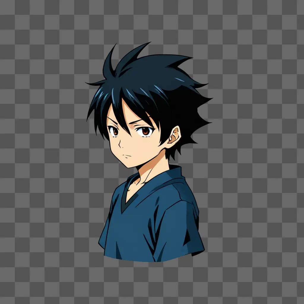 Cool anime boy with dark hair and blue shirt