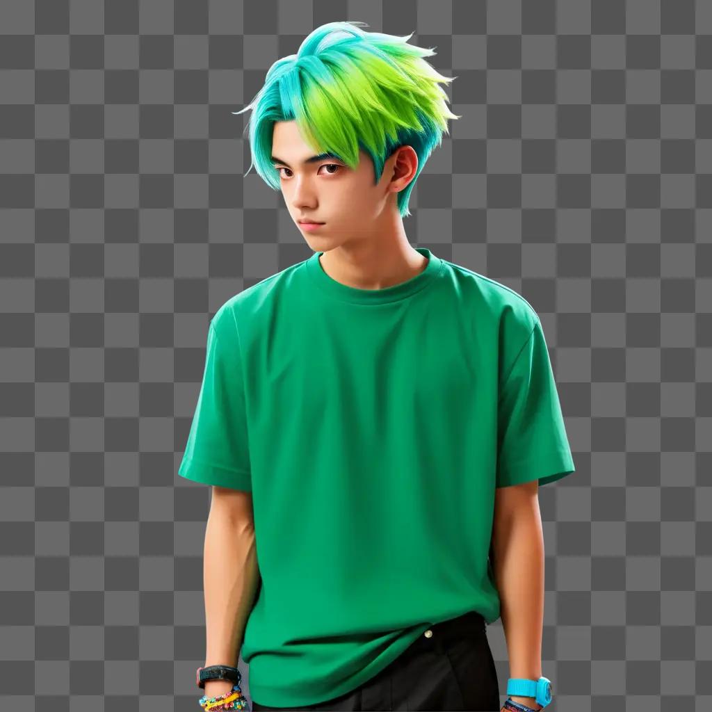 Cool anime boy with green hair and green shirt