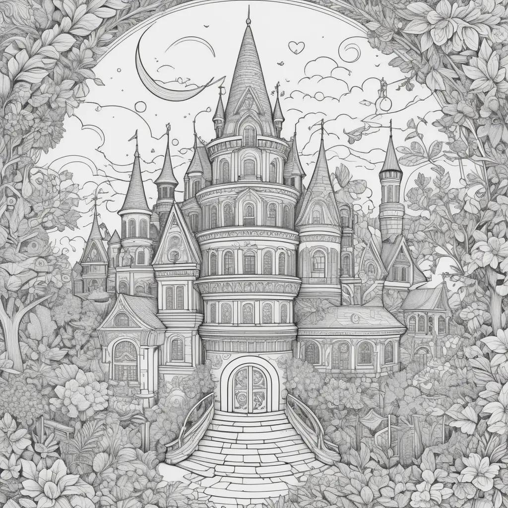 Cool coloring pages of a castle with trees and flowers