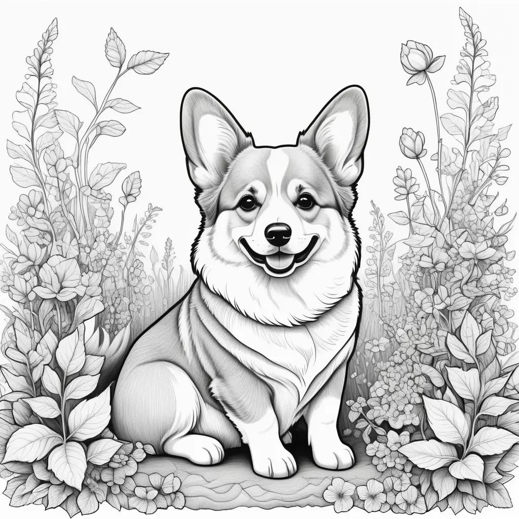 Corgi coloring pages of a cute dog in a garden