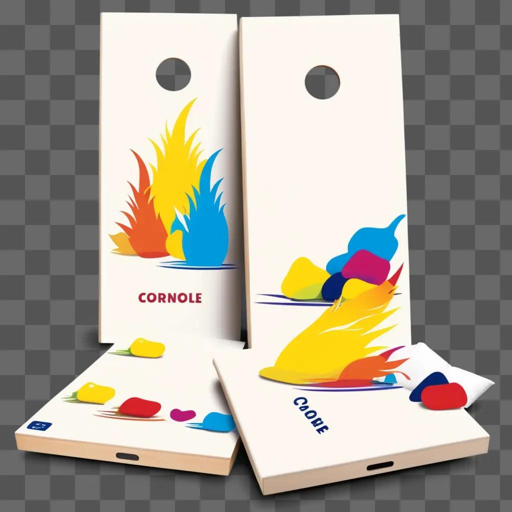 Cornhole board featuring colorful designs and the word cornole