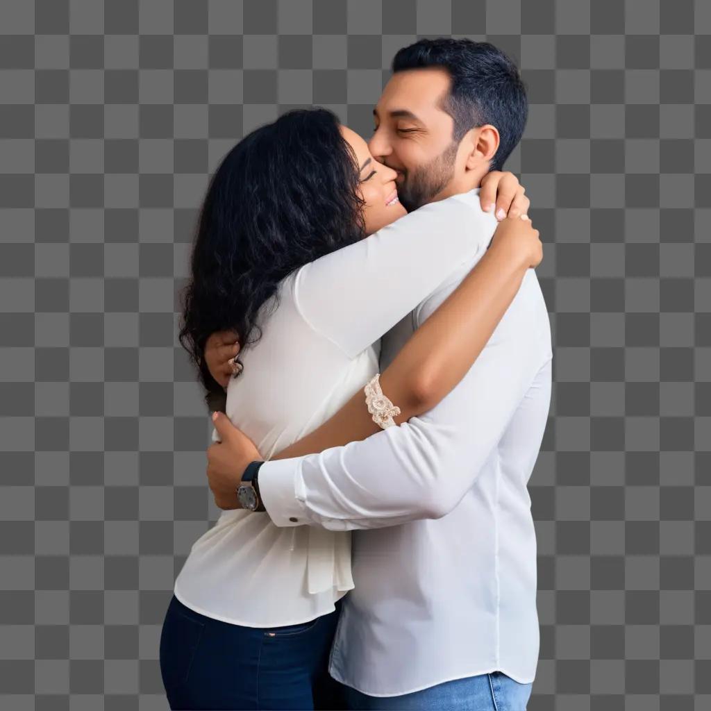 Couple hugs in a blurred photo