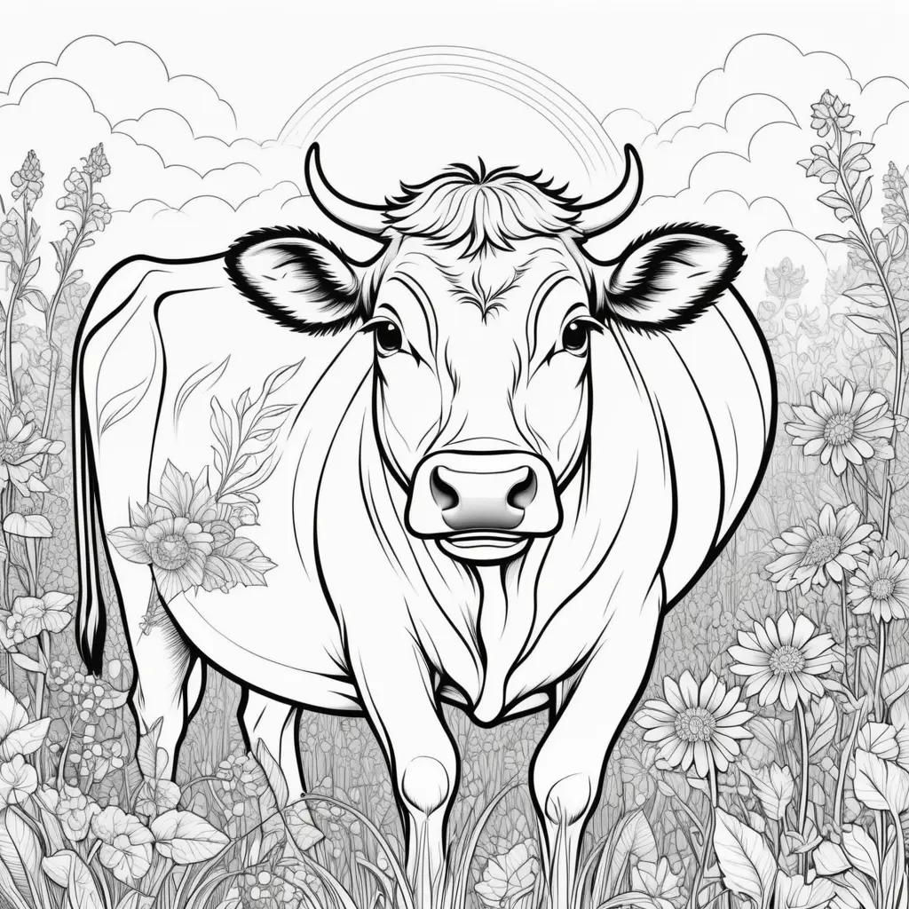 Cow Coloring Pages - A Black and White Cartoon Cow in a Field