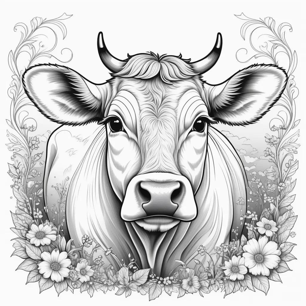 Cow Coloring Pages Featuring Flowers and Leaves