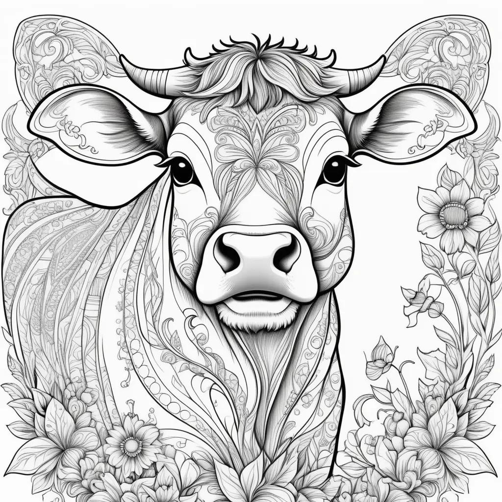 Cow coloring page with intricate details and a flower pattern