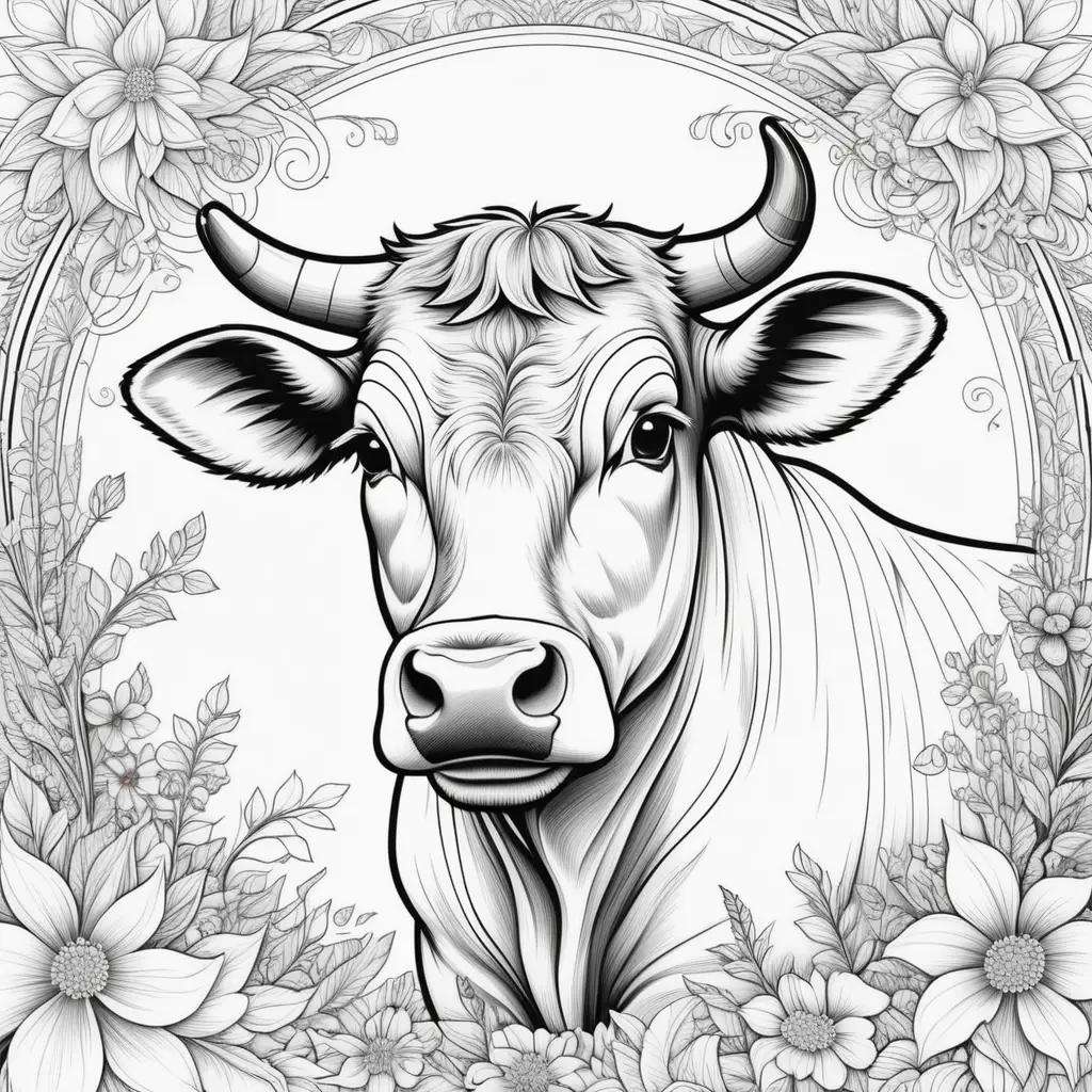 Cow coloring pages with floral frame and black and white design