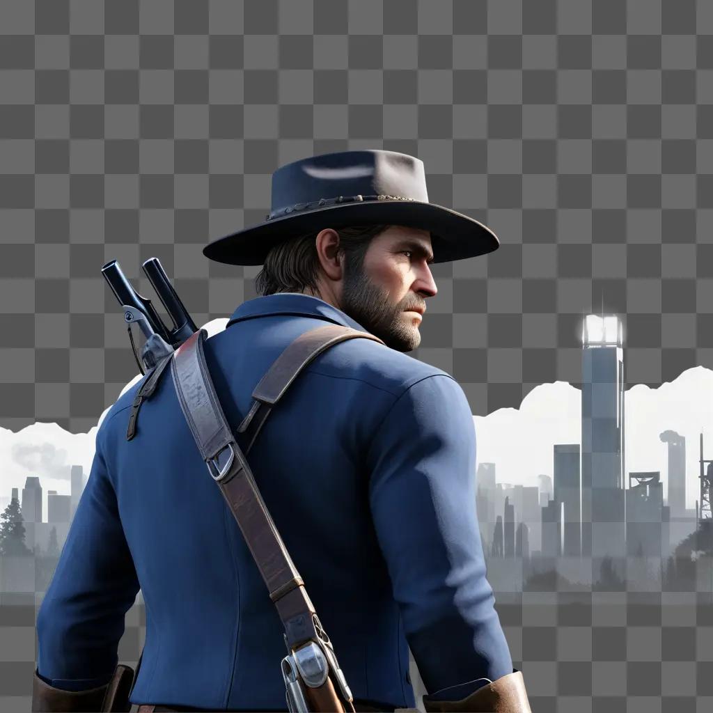 Cowboy in a city with guns and a hat