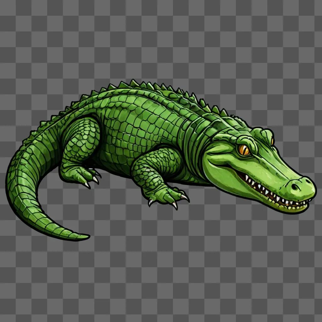 Coy alligator drawing on green background