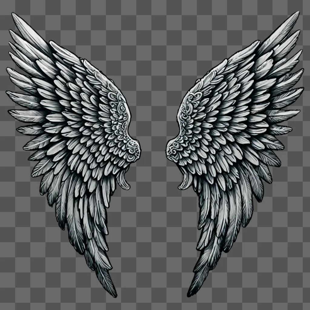 Coy angel wings drawing on a grey background