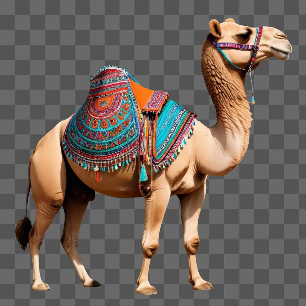 Coy camel drawing with colorful saddle and decorative straps