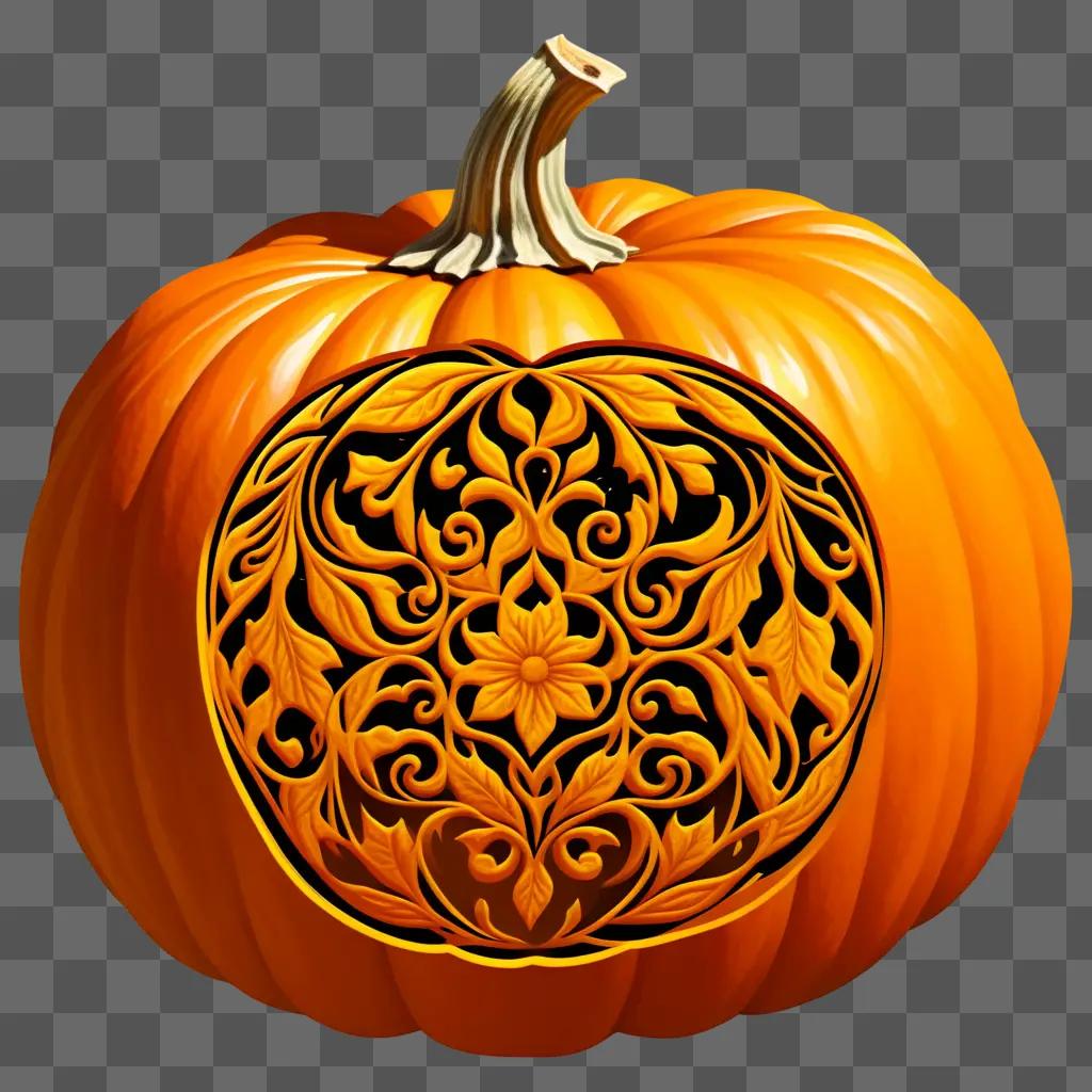 Coy carved pumpkin with intricate details