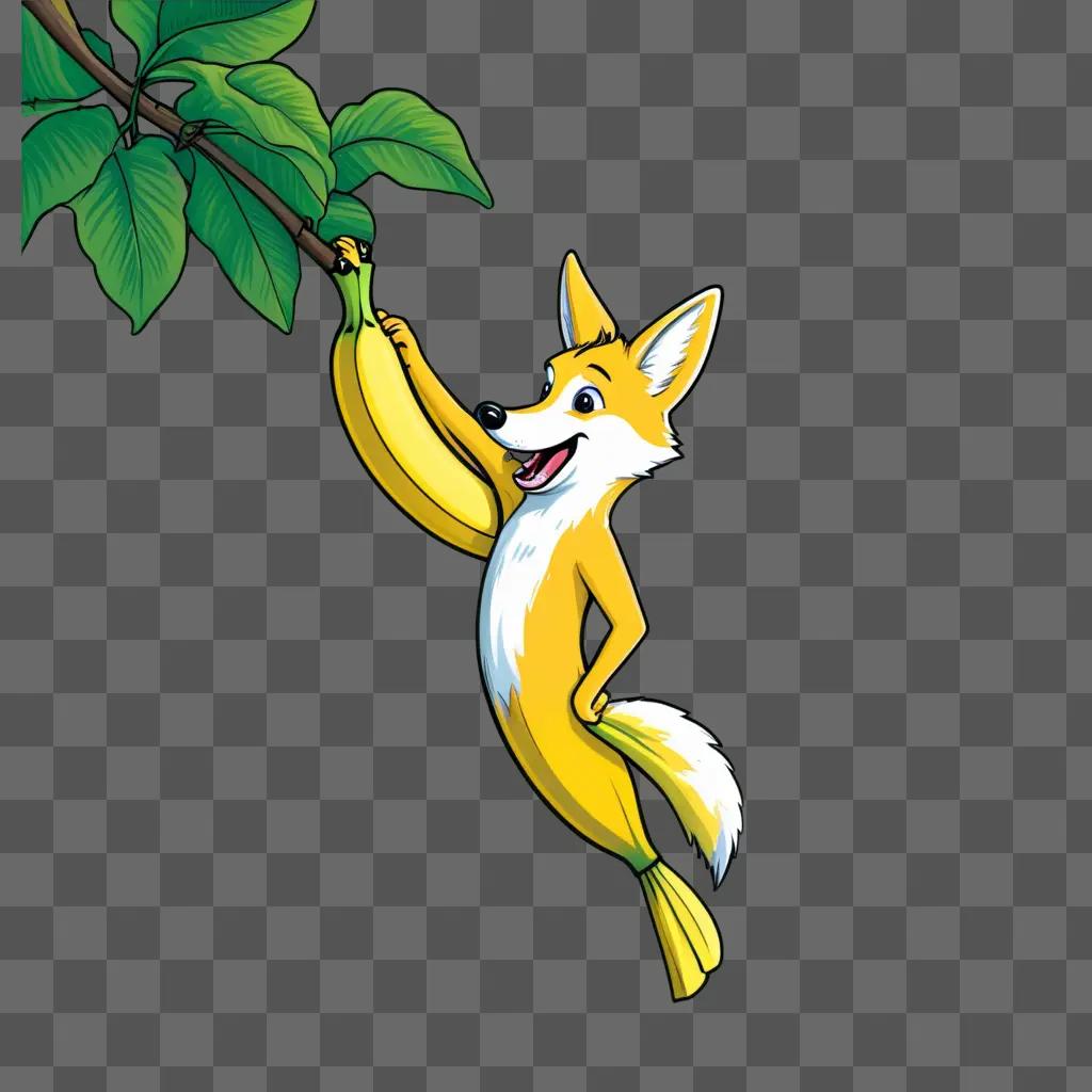 Coy dog holding a banana branch