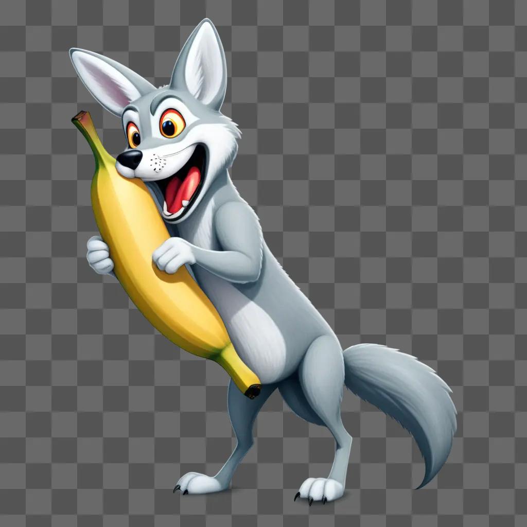 Coy dog holding banana, cartoon drawing