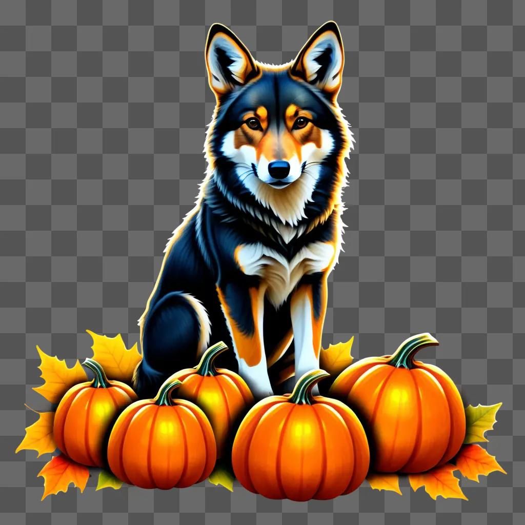 Coy dog sitting in pumpkin drawing