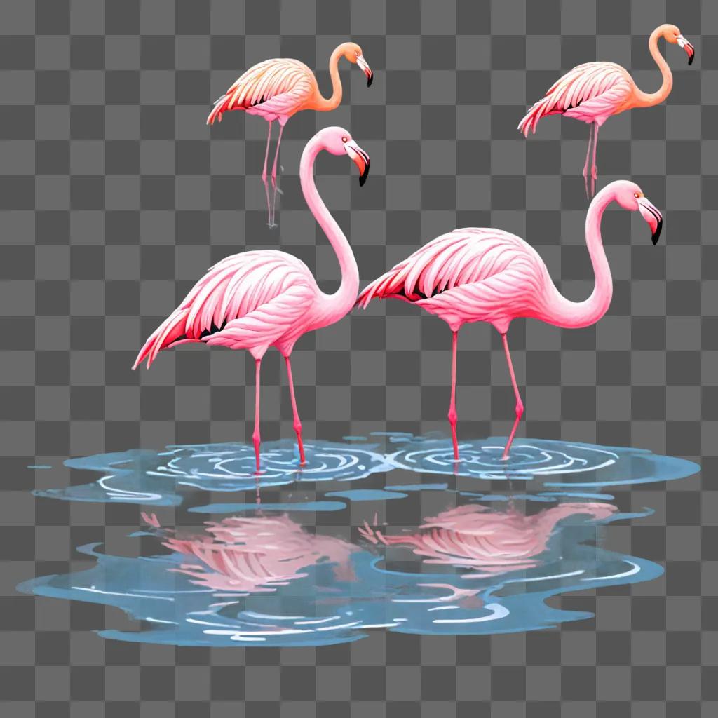 Coy flamingos drawing in water with pink hue