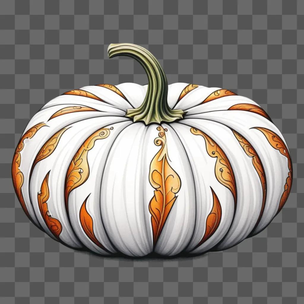 Coy orange and white pumpkin with leafy design