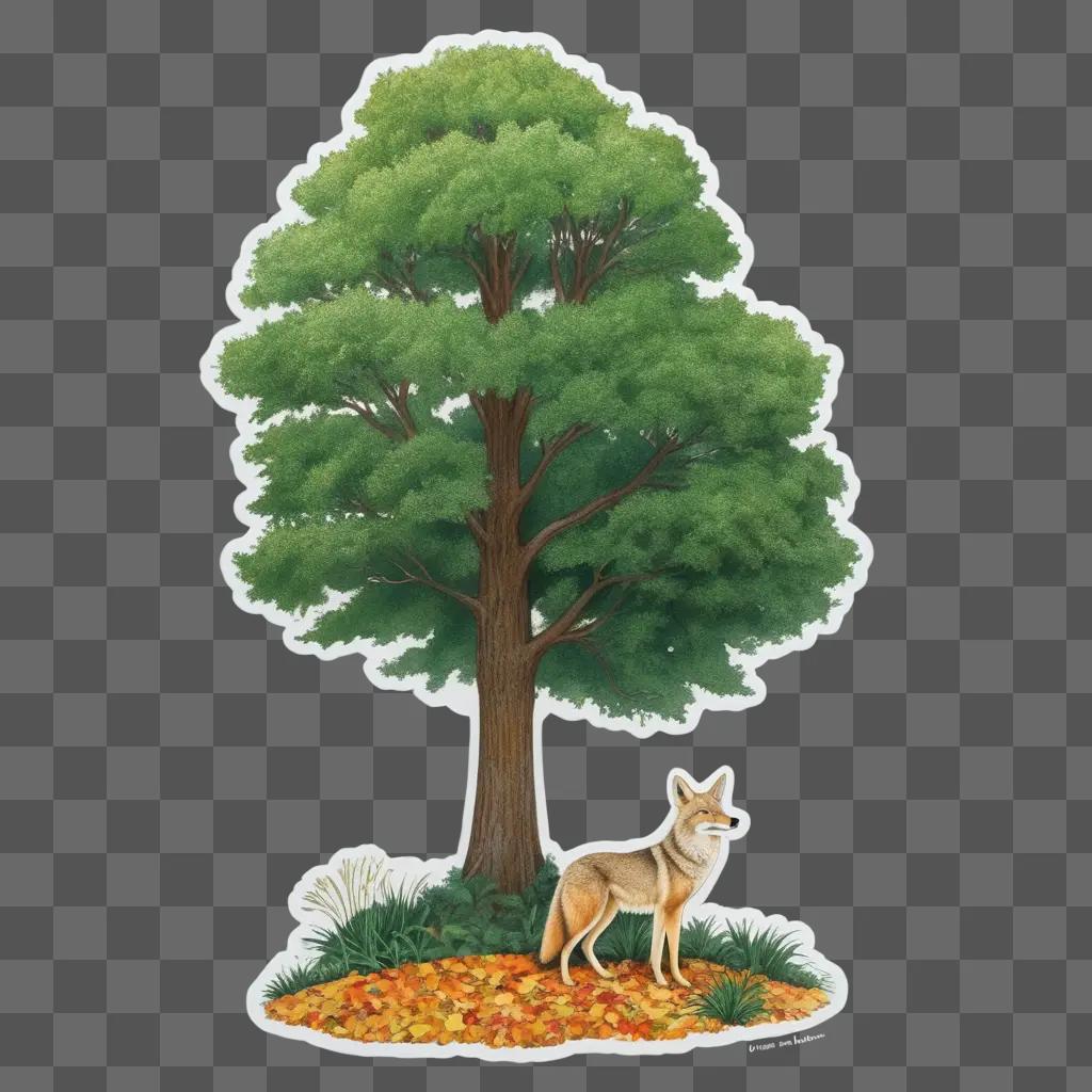 Coyote standing by tree in drawing