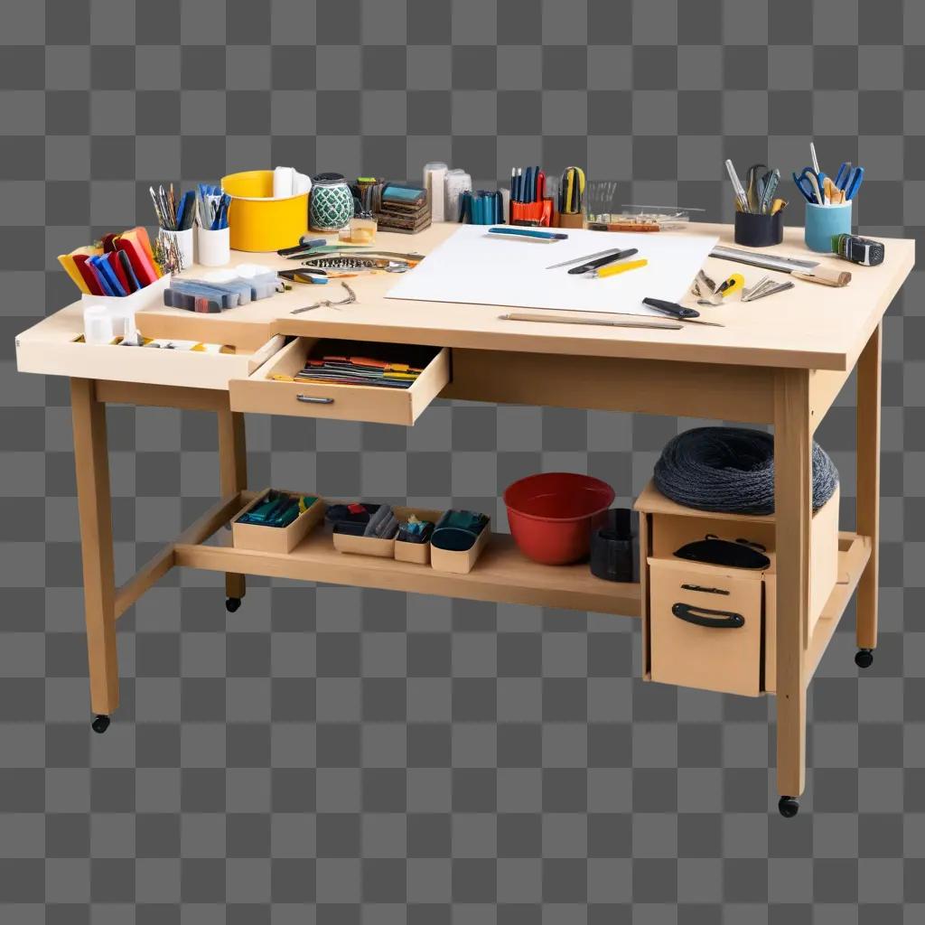 Crafting table with drawers, scissors, pencils, and a white sheet of paper