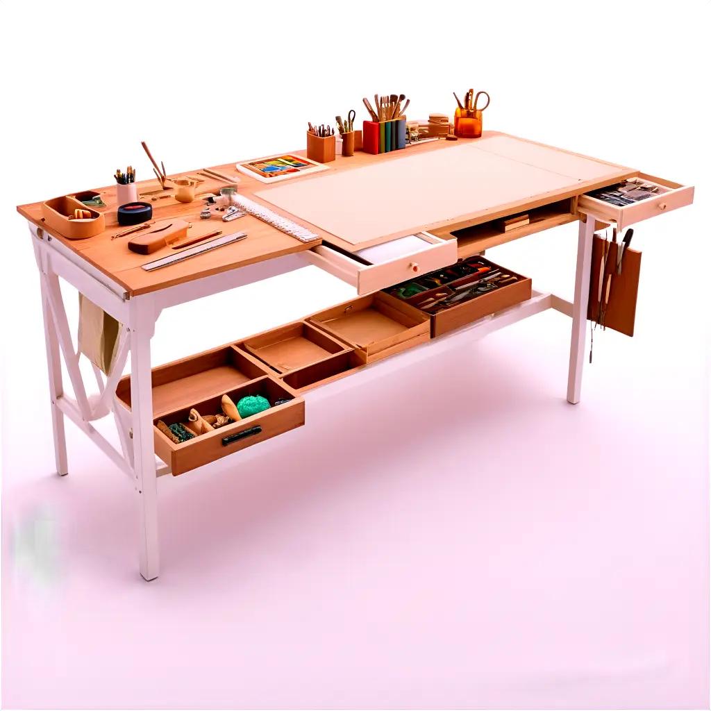 Crafting table with drawers and supplies on white wood surface