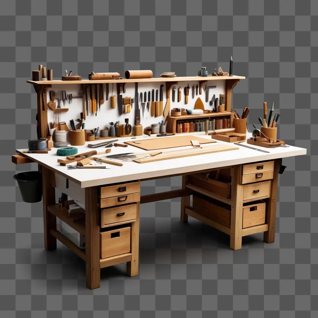 Crafting table with many tools and knives on it