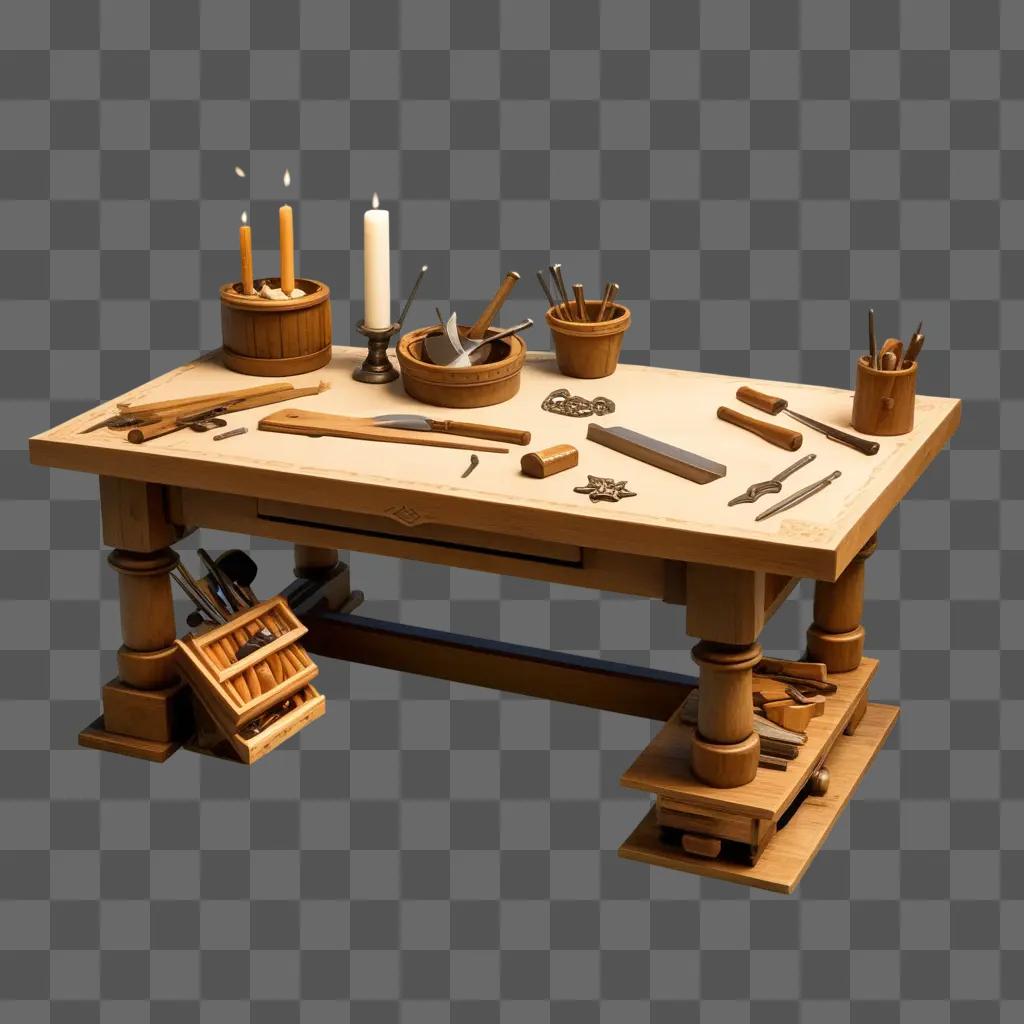 Crafting table with tools and candles on it